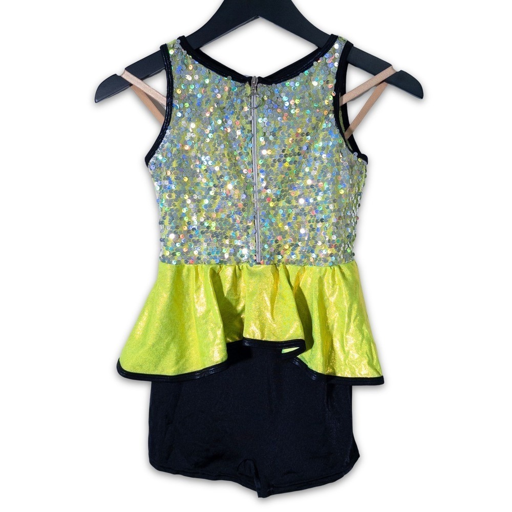 Curtain Call Costumes Dance Leotard‎ Childrens Large Neon Yellow Sequin Peplum